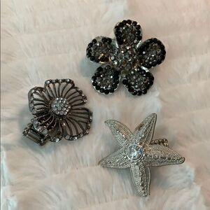 3 Elastic Black and Silver Rings with Rhinestones, Flowers and Star Designs